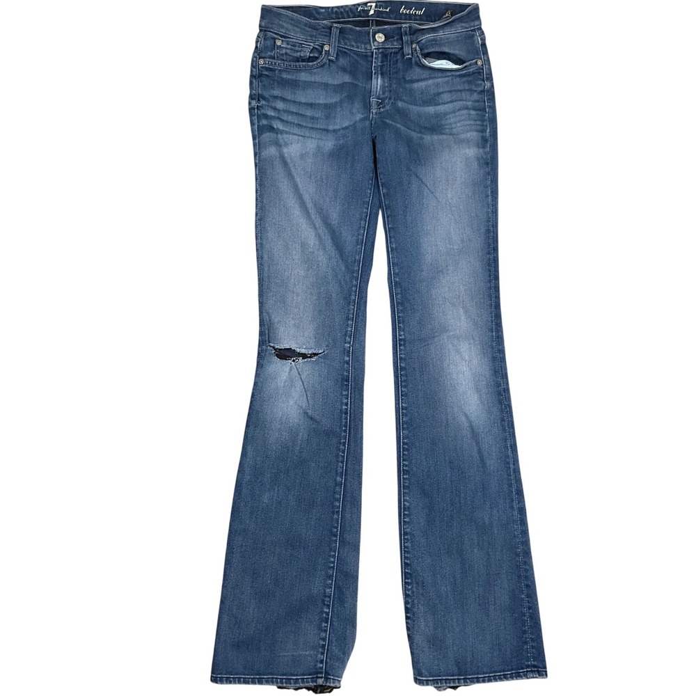 7 For All Mankind Jeans Womens 27 Blue Fade Low Whisker Distress Fray Bootcut
